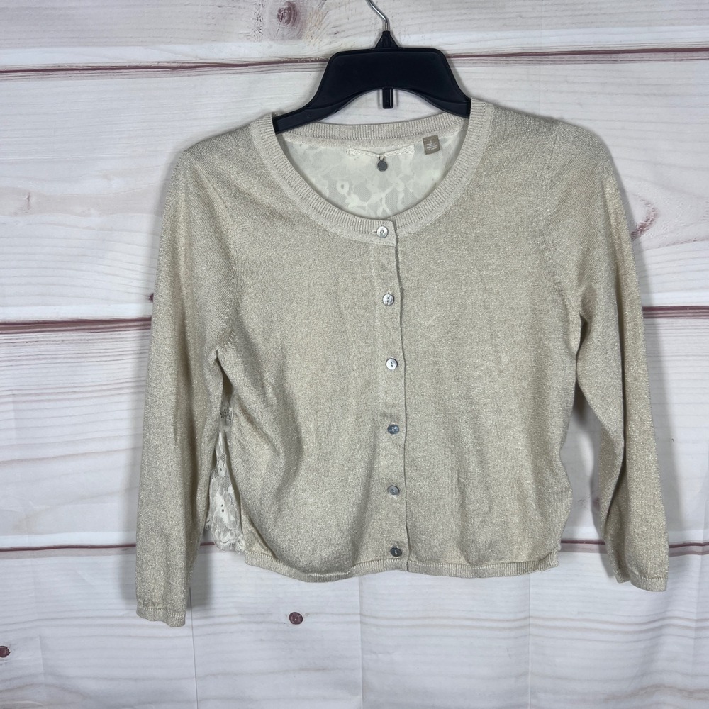 Knitted & Knotted Cardigan Women Small Gold Metallic Lace Back Peplum Shimmer